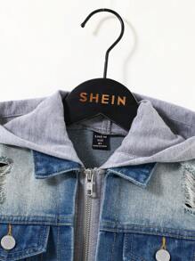SHEIN 青少年男孩时尚休闲蓝灰色针织拼布牛仔长袖夹克男孩感恩节服装日常服装秋冬儿童服装男童冬季外套/夹克 - 中等水洗藍 - 查看 4