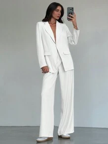 Aloruh New Elegant Commuter Suit Set With Silhouette Design, Long Suit Jacket, Winter, Business Casual, Elegant, White , Wide Leg,Baggy
