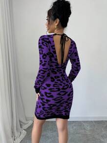 Elenzga Women Casual Leopard Print Backless Long Sleeve Wrap Dress