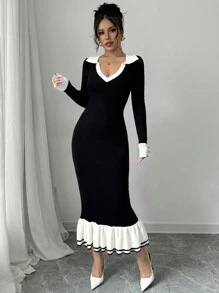 Gloray Vestido de punto casual sencillo con cuello en V de manga larga y empalme de unicolor para mujer