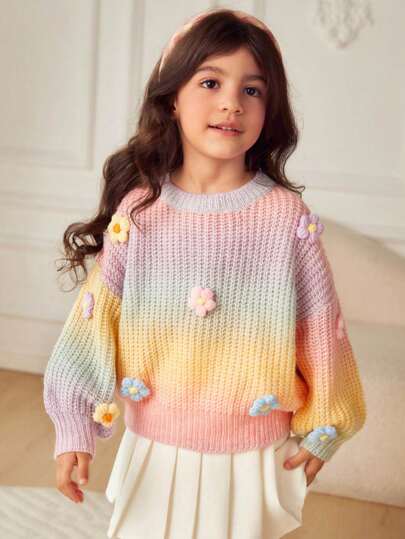 Sparklyn Young Girl Handmade Flower Gradient Knitted Sweater, Cute Casual Round Neck Lantern Sleeve Pullover