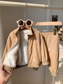 SHEIN 2pcs Baby Unisex Casual All-Match Long Sleeve Cardigan Jacket And Elastic Waist Thickened Fleece Pants Set