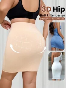 女士加大码无缝收腹塑身裙，高腰紧身迷你裙 - 杏色 - 查看 1