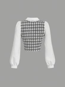 SHEIN MOD Camisa de mujer casual con cuello de contraste, parche y estampado de pata de gallo, ideal para otoño/invierno, regreso a la universidad, Acción de Gracias, camisa abotonada, básica con mangas acampanadas, para trabajo, ropa de trabajo, camisa formal, casual de negocios para oficina