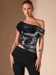 SHEIN BAE 1pc Women Minimalist Sexy Asymmetric Shoulder Top, Metallic Sequin Embellishment Slanted Hem, For Party Season, Autumn/Winter