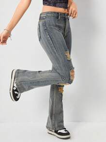 SHEIN Teen Girl Y2K Boho Adjustable Waist Destroy Stretchy Boo Cut Jeans - Bronze - View 2