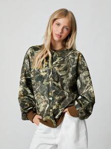 SHEIN EZwear Fashion Camouflage Print Button Front Jacket, Autumn - Army Green - View 3