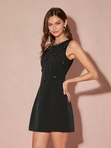 Enchnt New Autumn Winter Products,Women's Rhinestone Decor Crew Neck Sleeveless Elegant Mini Dress, Fall Winter Women's Clothing, Winter Dress,For Halloween & Christmas Party,Party Dress - Black - View 7