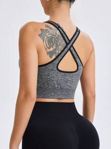 Basic Zipper Cross Racerback Seamless Sports Bra - Grey - View 2