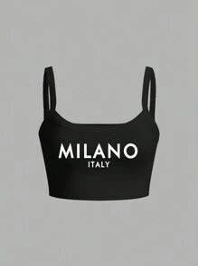 Slaydiva MILANO Minimalist Letter Print Cropped Camisole, Suitable For Autumn/Summer Back To School - Black - View 2