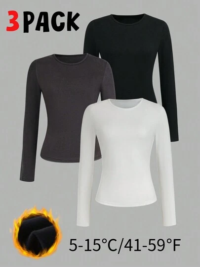 Breakform 3pcs/Pack Women Fitted Thermal Thermal Lined T-Shirts, Worn As Base Layer, Elegant Fall Cloth For Women
