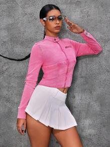 SHEIN PETITE Women Tight Fitting Stretchy Long Sleeve Pink Denim Blouse