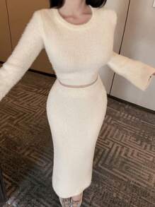 DAZY 2pcs Women Elegant Minimalist Solid Color Bodycon Long Sleeve Sweater And Skirt Suit Set, Autumn/Winter,Fall Women Clothes - White - View 6