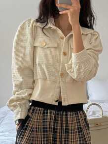 DAZY 1 件女式纯色修身长袖立领纹理面料短款泡泡袖衬衫，秋季女装