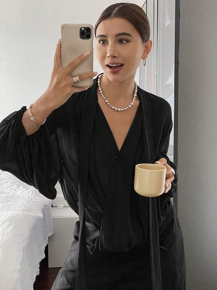 Loose Fit Solid Color Long Sleeve Tied Women Blouse,Fall Clothes