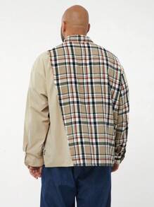 Manfinity VCAY Plus Size Men Loose Brushed Plaid Patchwork Long Sleeve Shirt