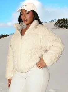 SHEIN SXY Plus Size Women Stand Collar Hooded Cable Knit Plush Patchwork Quilted Padded Coat, Suitable For Fall & Winter, Date Night, Birthday, Bachelorette Party, Casual, Shopping, Streetwear, Going Out, Easy To Match & Looks Slim, Accent Your Body, Flatter The Figure - Beige - View 8
