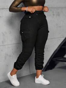 SHEIN SXY Quần Jeans Skinny Ôm Vừa Cỡ Lớn Cho Nữ Có Túi Eo Bất Đối Xứng - màu đen - Xem 3