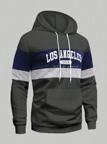 Manfinity Homme Sudadera con capucha casual de diario con estampado de letras de color contrastante y cordón, talla grande para hombre, otoño - Multicolor - Ver 1