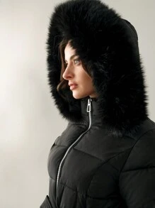 Anewsta Áo khoác đệm đơn sắc có khóa kéo phía trước bằng vải chắp vá mềm mại - màu đen - Xem 9