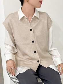 FRIFUL Women's Plain Front Button Wide Strap Casual Sweater Vest - Beige - View 6