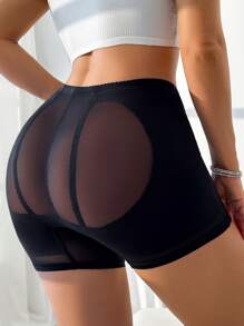 Women Solid Color Mesh Contrast Shapewear Shorts, Minimalist & Comfy Lifting Butt Shaping Tummy Control Bottoms - Black - View 5