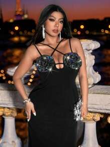 Viva Relle Plus Size Elegant Sparkling 3D Floral Decor Fitted Cross Back Slip Dress - Black - View 2
