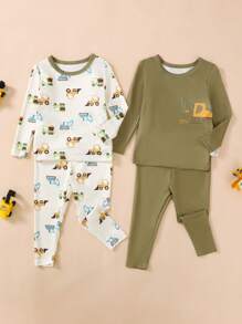 4pcs Baby Boys Casual Cute Knit Excavator Allover Print Long Sleeve Crew Neck Top And Allover Print Long Pants, Snug Fit Pajama Set