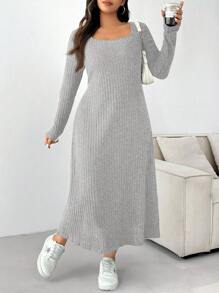 SHEIN EZwear Đầm dài tay màu trơn cỡ lớn tối giản, thường ngày để mặc hàng ngày - Xám - Xem 4