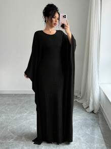 Elenzga 女士优雅纯色宽松褶皱面料宽松圆领蝙蝠袖连衣裙长款女装