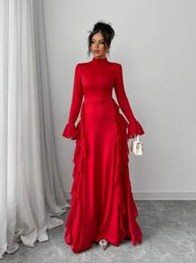 Selianne 女士纯色高领喇叭袖荷叶边下摆优雅长裙新年服装长款女装 - 紅色 - 查看 4