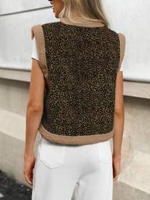 Femmeiva Women Leopard Print Patchwork Teddy Shearling Vest Jacket - Khaki - View 4
