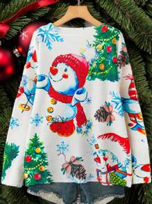 SHEIN LUNE Áo len dài tay cổ tròn in hình người tuyết và cây thông Noel cỡ lớn, kiểu dáng thanh lịch và ngộ nghĩnh, thích hợp cho mùa thu đông. - Nhiều màu - Xem 2