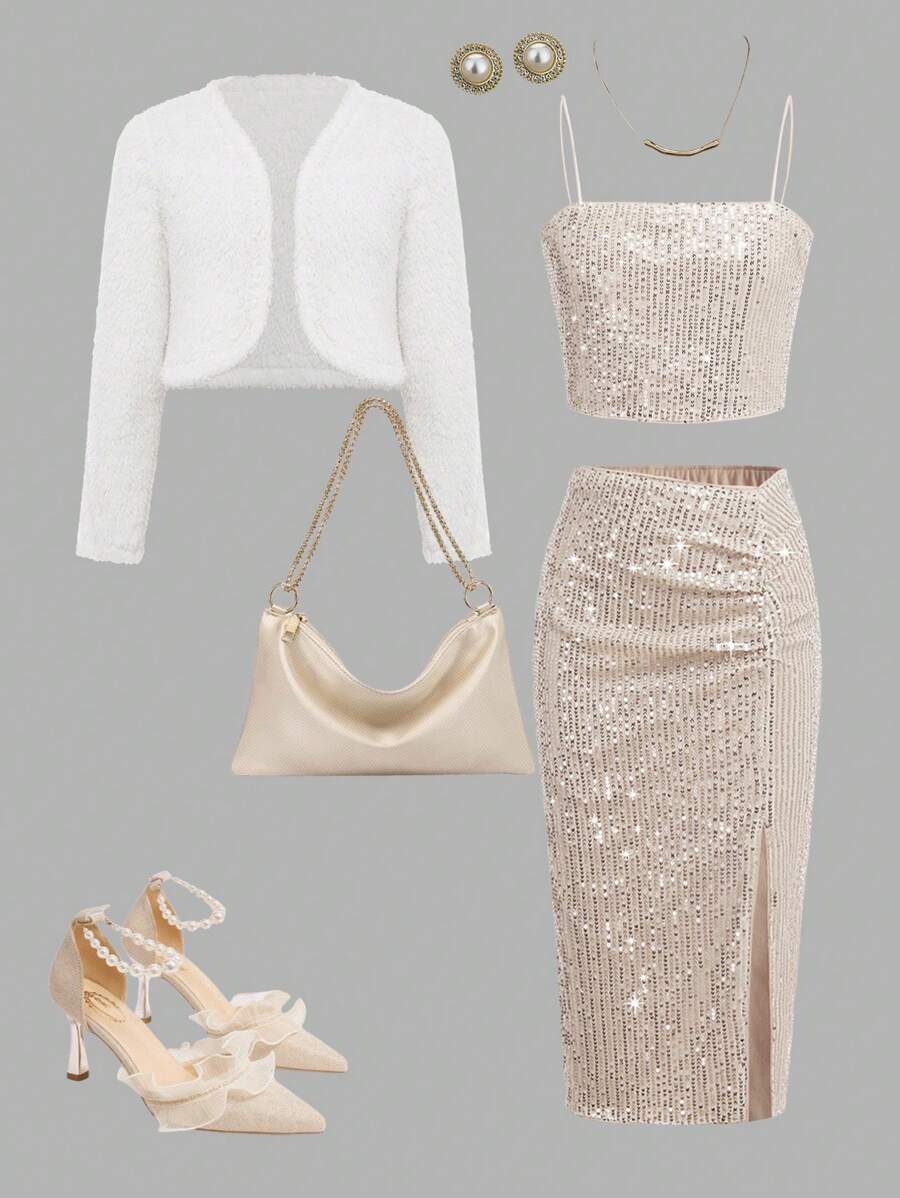 SHEIN 青少年女孩毛绒夹克，优雅亮片细肩带褶皱开衩迷人派对服装套装，香槟色，2 件套，秋季和圣诞派对 - 杏色 - 查看 1