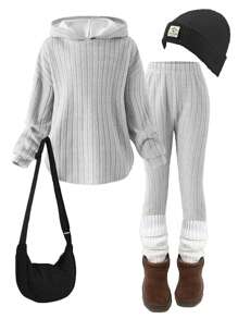 SHEIN Tween Girl Solid Color Fleece Inner Drop Shoulder Hoodie Long Sleeve T-Shirt & Leggings, Warm And Suitable For Autumn Winter Daily Wear Clothes - Grey - View 15