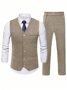 Manfinity Mode Bộ vest và quần âu đơn hàng đi làm cho nam giới - Cà phê nâu - Xem 3