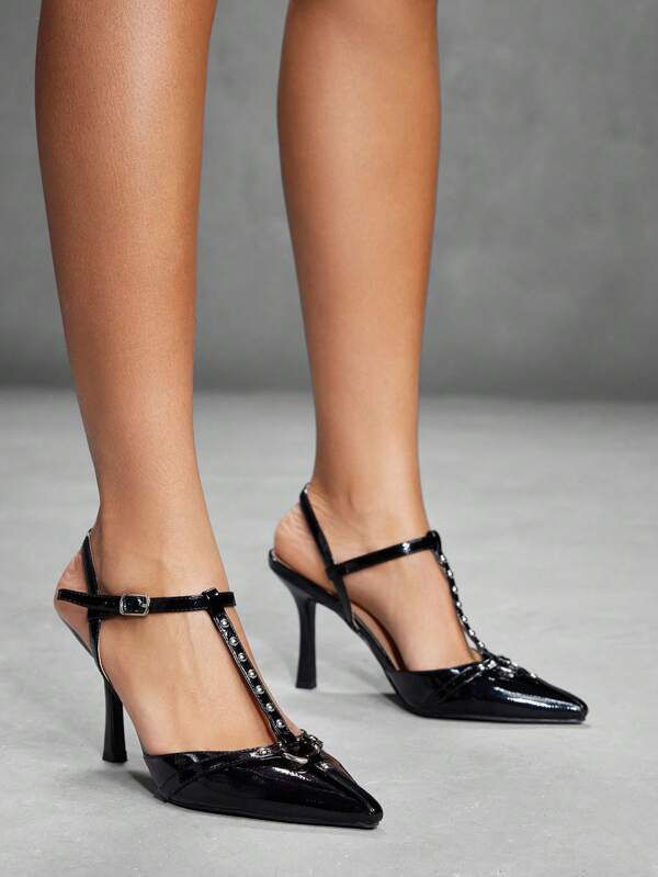 CUCCOO SZL Women's Fashion Black Patent Leather T-Strap Metallic Decor Pointed Toe High Heels, Suitable For Commuting, Dating, Party, Holiday Fall