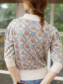 Simple Retro Wool Women's Autumn And Winter Casual Shirt Collar Collision Printed Pink Elegant Retro Pullover Sweater