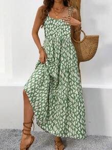 Breezaya Summer Vacation Printed Strapless Sleeveless Long Spaghetti Strap Dress For Women Maxi Vacation Beach Outfit - Green - View 3