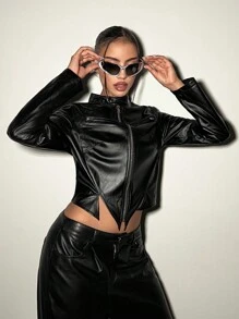 EgrlEra 女士真皮纯色前拉链长袖经典夹克 Y2K - 黑色 - 查看 4