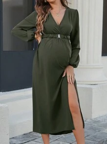 SHEIN Vestido Longo Casual Minimalista para Gestante, Decote em V, Manga Longa, Bainha Dividida - Verde Militar - Visão 5