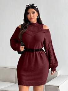 Flirla 流行热销大码女式灯笼袖舒适柔软灰色针织高领露肩性感细节毛衣连衣裙，适合冬季新年服装 - 紅色 - 查看 7