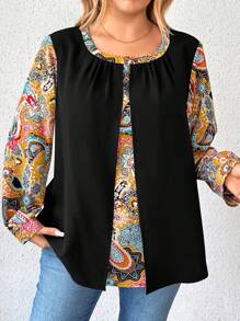 Plus Size Solid Color Block Round Neck Long Sleeve Simple Casual Shirt, Random Print - Black - View 4