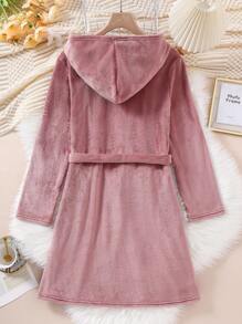 Lotus Root Pink Furry Comfy Long Sleeve Long Tie Draw String Hooded Robe Loungewear For Teenage Girls, Flame Retardant,Travel - Dusty Pink - View 2
