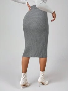 SHEIN Clasi 1pc Women's Casual Solid Color Button Decor Fitted Knitted Skirt, Autumn/Winter - Dark Grey - View 2