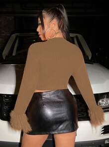 Allurite Plus Size Women Solid Color Knitted Fringe Slim Fit Elegant Short Crew Neck Sweater For Autumn/Winter Fall - Khaki - View 2