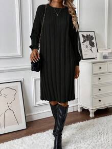 Chiquease 圆领灯笼袖罗纹中长针织毛衣连衣裙