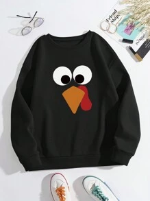 INAWLY Thanksgiving Turkey Print Women Long Sleeve Round Neck Sweatshirt, Casual For Autumn/Winter Pullover Fall - Black - View 3
