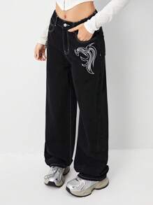 SHEIN TEEN GIRL Y2K Urban Street Chic Flame Graphic Embroidery Detail Half Elastic Waist Classic 5 Pockets Low Waist Loose Jeans With Contrast Seam, Chic Girls Must_have Versatile Fashion Item