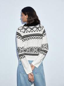 Maija Women's Christmas Season Black & White Pattern Twist Knit Warm Feeling Loose Pullover Sweater, Autumn/Winter - Black and White - View 3